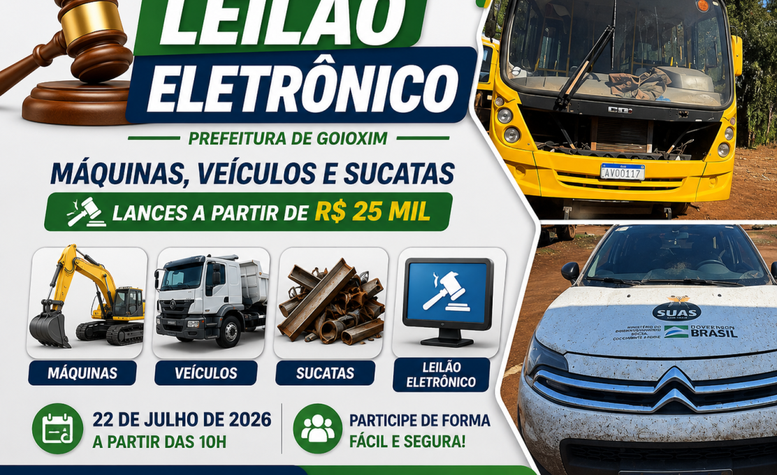 Goioxim realizará leilão eletrônico de máquinas, veículos e sucatas